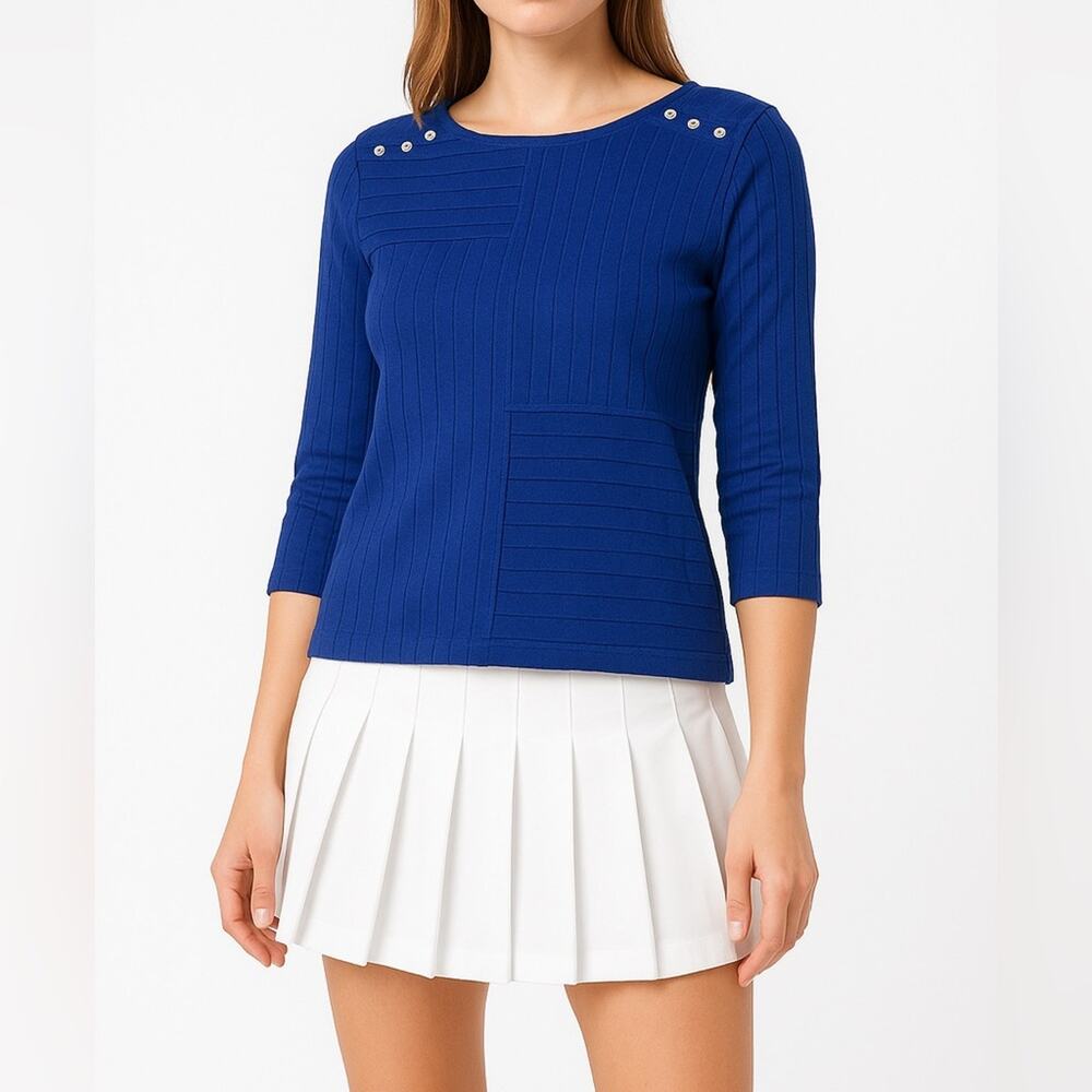 VINTAGE ONQUE CASUALS 90s Patchwork Ribbed Knit Top | L | Blue | 100% Cotton